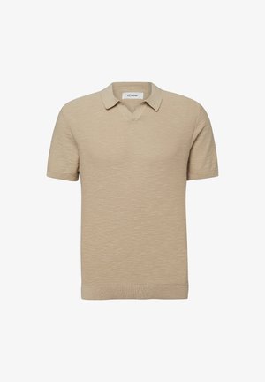 Beżowa krótka koszulka polo z dzianiny z kołnierzykiem i dekoltem w szpic, wykonana z teksturowanej tkaniny.