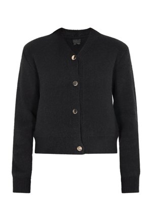 Musthave mustripp kardigan, mis on valmistatud tekstuurse kudumisega kangast, V-kaelusega, pikkade varrukatega ja viie metallist nööbiga ees.