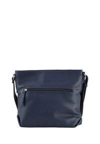 Borsa a spalla in pelle blu navy con superficie texturizzata, presenta una tasca frontale con zip e una tracolla regolabile per un trasporto versatile.
