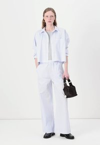 Camisa curta riscada em azul claro e branco, top cinza e calças largas. Modelo segura uma pequena bolsa preta. Sapatos baixos completam o visual.