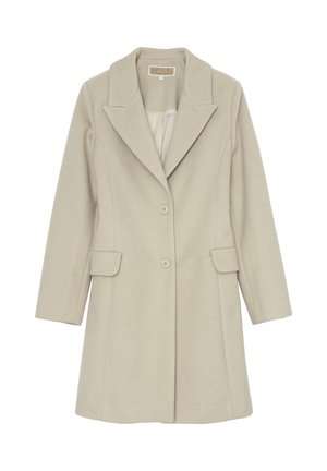 Cappotto di lana beige a lunghezza ginocchio con ampie revers, due tasche a patta frontali e due bottoni centrali.
