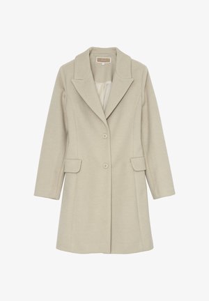 Cappotto di lana beige a lunghezza ginocchio con ampie revers, due tasche a patta frontali e due bottoni centrali.