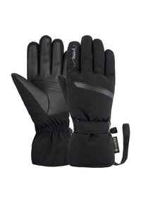 Black gloves with leather palms, textured fabric body, elastic cuffs, and adjustable straps. Features a Gore-Tex label on the wrist.