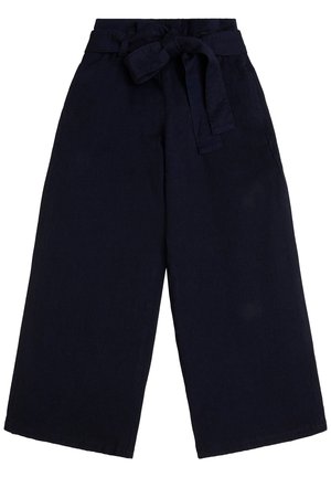 Marineblauwe broek met wijde pijpen en een tailleband met strik, met een gladde textuur en zijzakken. Het ontwerp benadrukt een losse pasvorm en een casual stijl.