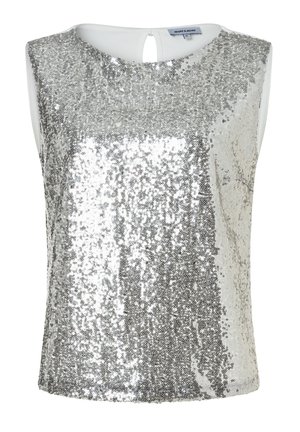 Ärmelloses silbernes Paillettentop mit rundem Ausschnitt und Knopfverschluss am Rücken, Größe 26, Marke "More & More".