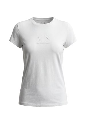 Biały dopasowany t-shirt z krótkim rękawem z wypukłym logo „A|X Armani Exchange” na piersi i okrągłym dekoltem.