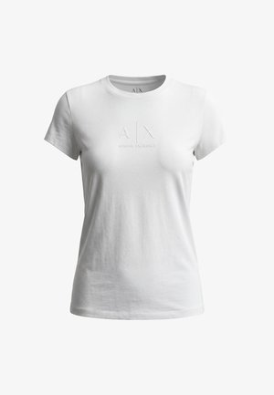 Biały dopasowany t-shirt z krótkim rękawem z wypukłym logo „A|X Armani Exchange” na piersi i okrągłym dekoltem.