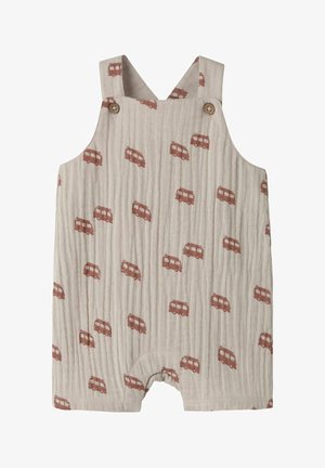 Beige babyromper met bruine camperbusprints, knoopsluitingen op de schouderbandjes en korte pijpen, gemaakt van gestructureerde stof.
