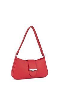 Red leather handbag with a semi-structured shape, adjustable shoulder strap, and a front flap featuring silver hardware detail.