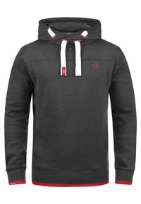 Dark gray hoodie made of soft fabric with a front pocket. Features white drawstrings, red accents, and a small logo on the chest.