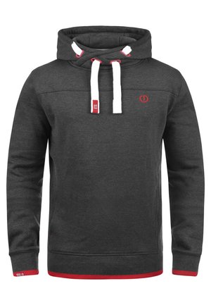 Dark gray hoodie made of soft fabric with a front pocket. Features white drawstrings, red accents, and a small logo on the chest.