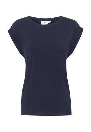 Tricou cu mânecă scurtă de culoare bleu marin, din bumbac moale, cu gât rotund și croială lejeră. Fără modele vizibile sau detalii metalice.