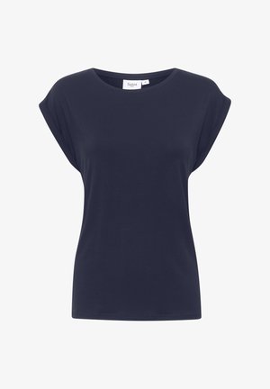 Tmavě modré tričko s krátkým rukávem z měkké bavlny, s kulatým výstřihem a volným střihem. Žádné viditelné vzory ani detaily z kovu.