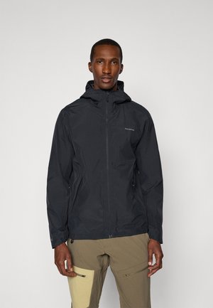 Black waterproof jacket with a cinched hood, front zipper, and side pockets. Lightweight material with a smooth texture.
