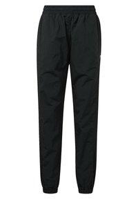 Mustat tuulenpitävät housut, joissa on joustava vyötärö, nilkkakahvat ja huomaamaton sivulogo. Silkkinen, kevyt kangas matalla pinnalla.