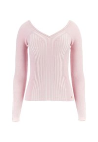 Růžový pletený svetr s žebrovanou texturou, výstřihem do V a dlouhými rukávy. Má vertikální pruhy a malý logo akcent na lemu.