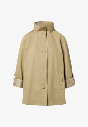 Khaki short jacket with a high collar, button front, and two side pockets. Features textured patterned fabric at the sleeve cuffs.