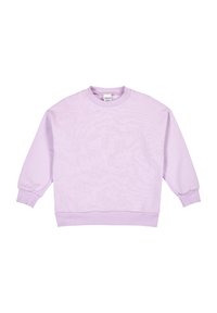 Felpa lilla con maniche lunghe, collo rotondo, polsini e orlo a costine, realizzata in un tessuto morbido con una sottile texture.