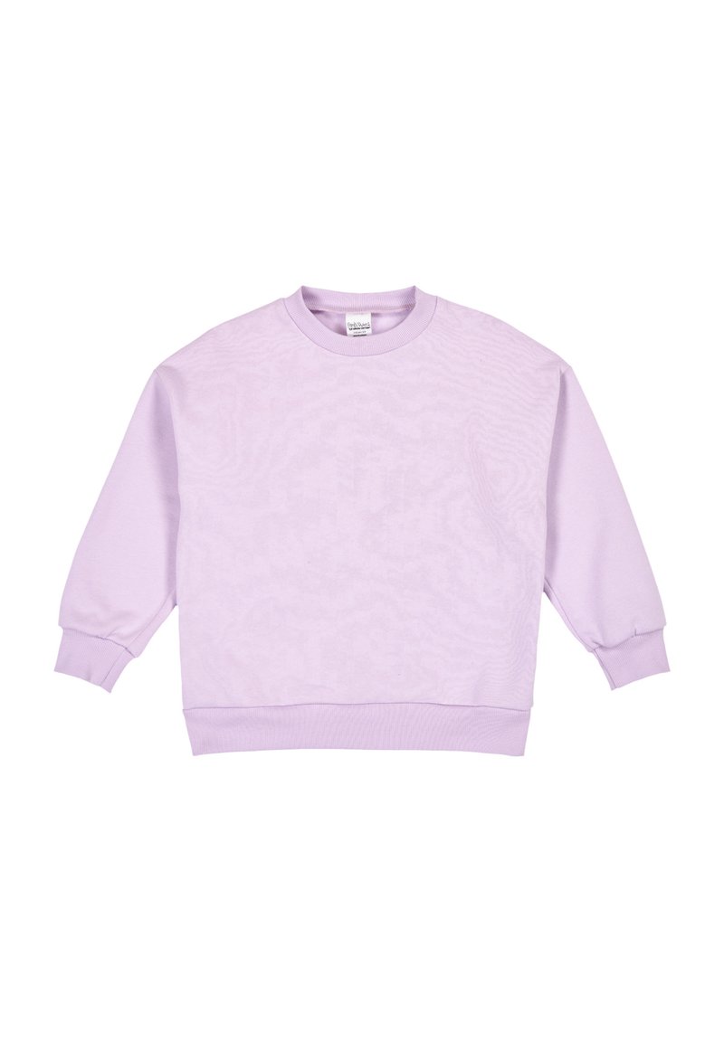 Felpa lilla con maniche lunghe, collo rotondo, polsini e orlo a costine, realizzata in un tessuto morbido con una sottile texture.