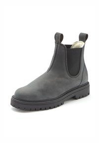 Gray leather ankle boot with elastic side panels, pull tabs, and a thick rubber sole. Features a smooth texture and rounded toe.