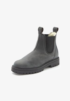 Graue Leder-Stiefelette mit elastischen Seitenpaneelen, Zuglaschen und einer dicken Gummisohle. Mit glatter Textur und runder Zehenform.