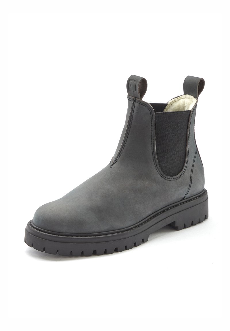 Gray leather ankle boot with elastic side panels, pull tabs, and a thick rubber sole. Features a smooth texture and rounded toe.