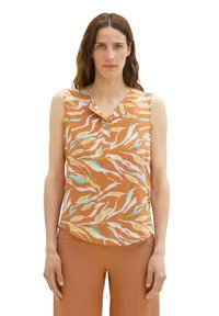 Sleeveless blouse in orange with fluid white and turquoise abstract patterns. V-neckline and a relaxed fit, made from lightweight fabric.