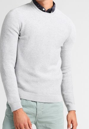 Mężczyzna w jasnoszarym prążkowanym swetrze na ciemnej, wzorzystej koszuli, ubrany w jasnolistne spodnie, stojący na jednolitym tle.