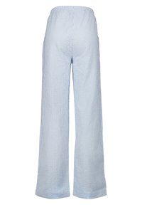 Siniset ja valkoiset raidalliset leveälahkeiset housut, jotka on valmistettu kevyestä kankaasta. Housuissa on joustava vyötärö ja rento istuvuus. Ei näkyviä taskuja tai yksityiskohtia.