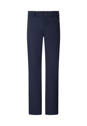 Pantalon bleu marine à jambes droites avec poches latérales zippées, passants de ceinture et fermeture à bouton sur un fond blanc.