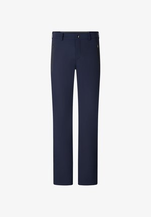 Pantalon bleu marine à jambes droites avec poches latérales zippées, passants de ceinture et fermeture à bouton sur un fond blanc.