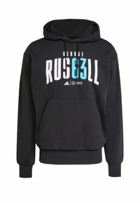 Sudadera con capucha negra hecha de un tejido suave. Presenta texto en blanco y azul turquesa en negrita, bolsillo tipo canguro y puños de canalé.