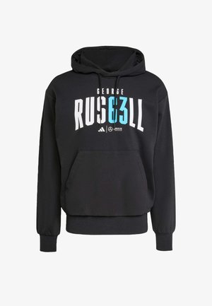 Czarna hoodie z kapturem, wykonana z miękkiego materiału. Posiada wyraźny biały i turkusowy napis, kieszeń kangurzą i ściągacze przy mankietach.