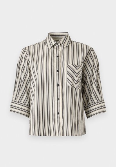 Chemise beige et noire à rayures verticales, manches courtes, avec col et poche poitrine rayée en biais.