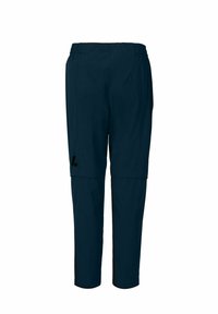 Pantalons cargo légers bleu marine foncé avec fermeture éclair, taille élastique et logo noir sur la cuisse gauche, présentés sur fond blanc.