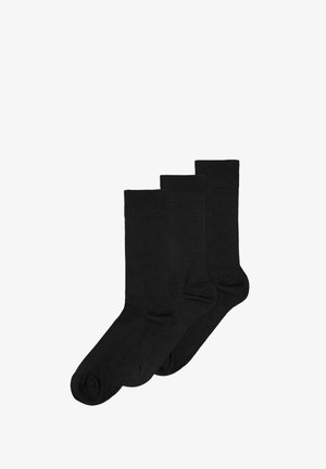 Schwarze Baumwollsocken, drei Paar, Knöchellänge, gerippte Textur, verstärkte Zehen- und Fersenpartie, sauberes Design, geeignet für Freizeitkleidung.