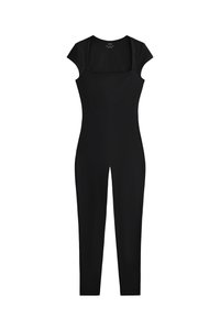 Čierny overal s krátkymi rukávmi, štvorcovým výstrihom a priliehavým strihom. Vyrobený z hladkého, elastického materiálu pre maximálne pohodlie.