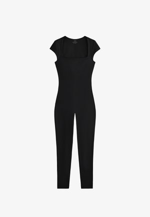 Tuta nera con maniche corte a cappuccio, scollo quadrato e design aderente. Realizzata in un materiale liscio ed elastico per garantire comfort.