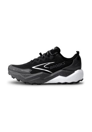 Black running shoe with a breathable mesh upper, textured rubber sole, and layered midsole in white and gray, featuring contrasting white accents.