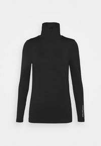 Zwarte, langwerpige pullover met lange mouwen, een hoge kraag en een korte rits. Heeft een gladde, aansluitende pasvorm en een logo op één mouw.