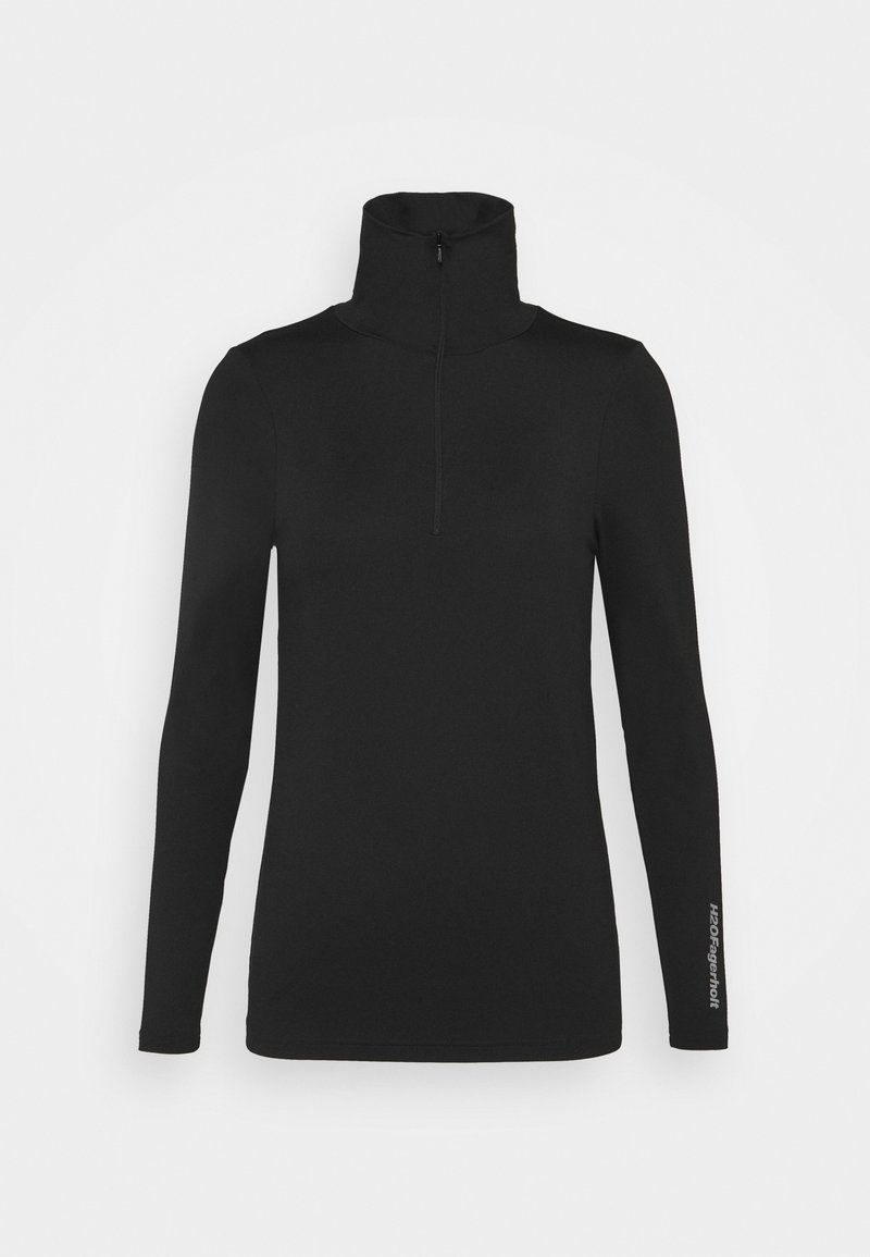 Zwarte, langwerpige pullover met lange mouwen, een hoge kraag en een korte rits. Heeft een gladde, aansluitende pasvorm en een logo op één mouw.