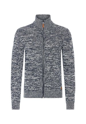 Sveter na zips s vysokým golierom a dlhými rukávmi, v námorníckej modrej a bielej melírovanej vzore.