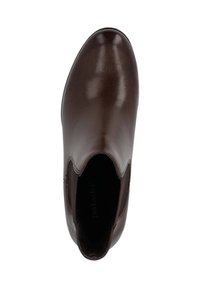 Braune Leder-Ankle-Boots mit einer glatten, glänzenden Textur. Verfügt über elastische seitliche Einsätze und eine abgerundete Zehenpartie für eine bequeme Passform. Markenlogo sichtbar im Inneren.