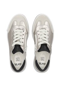 Metallic silver sneakers with white laces, black accents, and a cushioned sole. Features a smooth leather texture and a rounded design.