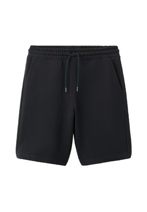 Pantalones cortos casuales negros con cintura elástica y cordón, bolsillos laterales y dobladillo recto.