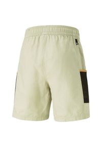 Pantaloni corti verde chiaro con vita elasticizzata, dotati di tasche laterali in rete nera e dettagli arancioni. Texture liscia, design casual.
