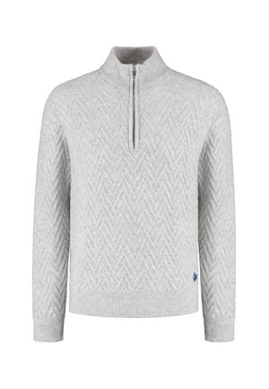 Gai pelēks džemperis ar puspogu apkakli, herringbone tekstūru, ribinātām piedurknēm un apakšmalu, kā arī nelielu zilu logo akcentu priekšpusē.