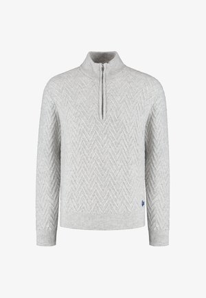 Heled hall sweater pooltaskonna, herringbone struktuuri, soonikute ja alla ääre soonik, ning väikese sinise logo aktsendiga ees.