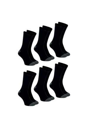 Six paires de chaussettes noires à bord-côte avec des orteils et des talons gris, disposées en deux rangées sur un fond blanc.