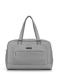 Sac en textile gris avec deux poignées, surface lisse, poche zippée à l'avant et forme rectangulaire. Présente un logo discret à l'avant.